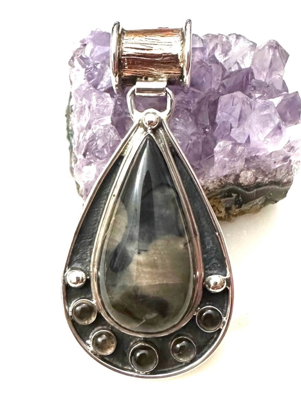 Jay King Sterling Silver & Copper Teardrop Agate with Smokey Quartz Pendant